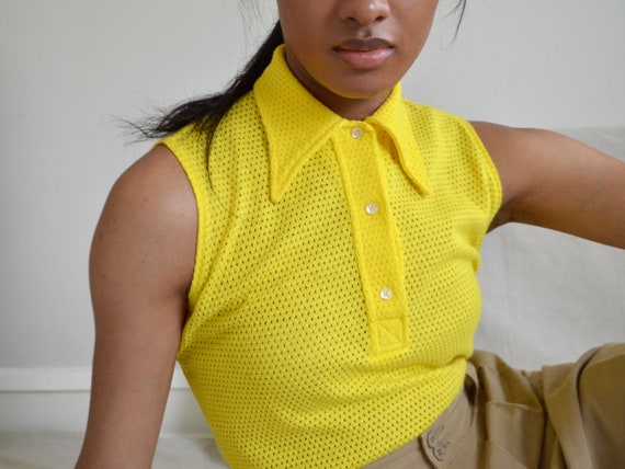 lemon yellow 70s perforated knit sleeveless colla… - image 3