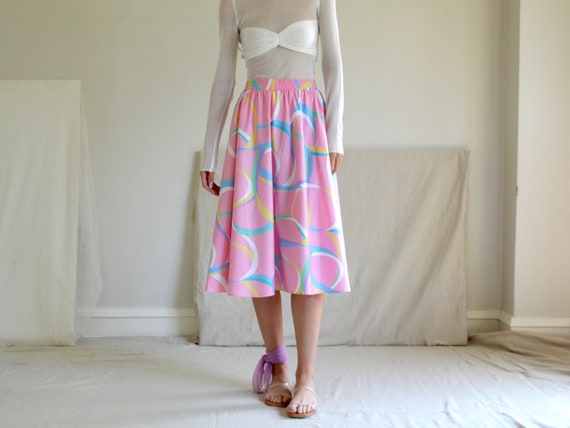 pale pink 80s full abstract midi skirt with pocke… - image 3