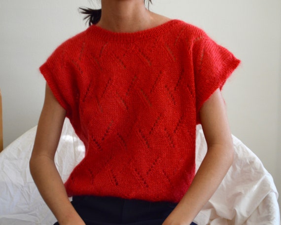 pointelle mohair short sleeve pullover sweater