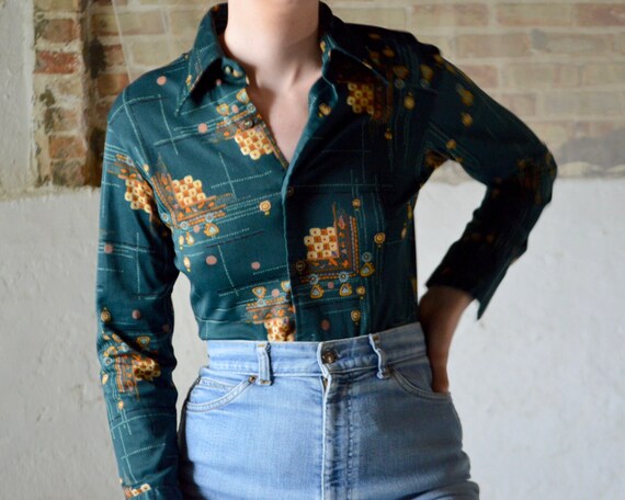 70s forest green novelty collared top