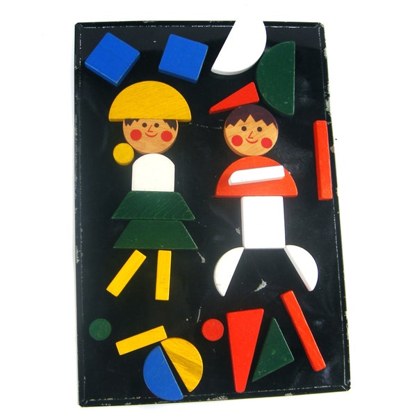 Vintage Magnet Toy Wooden Blocks with Black Magnet Board Magnet People Boy and Girl