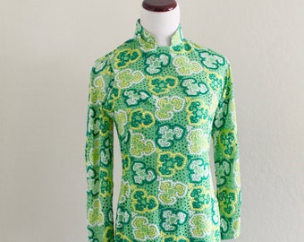 1950's Green Silk Eyelet Chinese Cheongsam Qipao Dress XS Petite