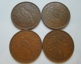 1943年ニュージーランド・ペニー硬貨：トゥイ・バード、ジョージ6世