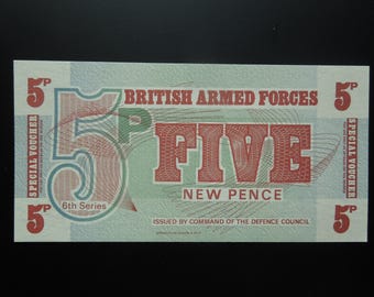 May include: A rectangular British Armed Forces 5 New Pence special voucher from the 6th series. The note features red and green geometric line patterns, the text "BRITISH ARMED FORCES", "FIVE NEW PENCE", and "ISSUED BY COMMAND OF THE DEFENCE COUNCIL".