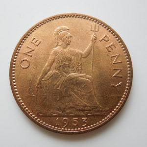 British 1953 1 Penny, Elizabeth 2nd, Key Date Coin