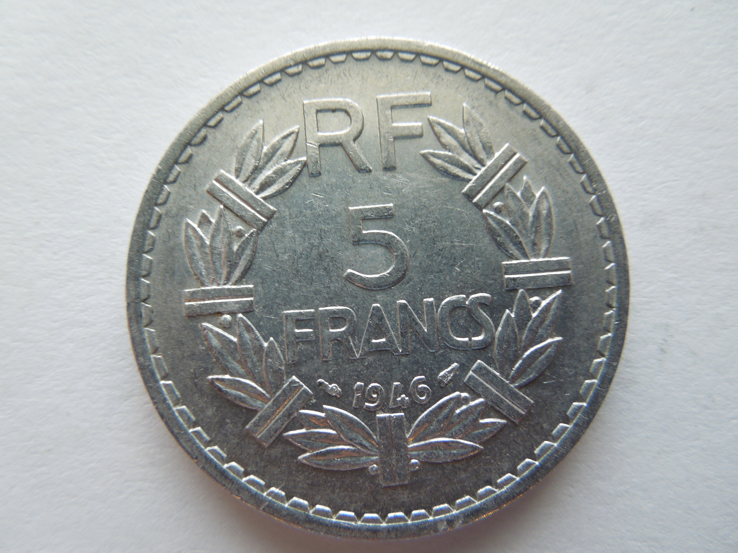 フランス硬貨、5フラン、第二次世界大戦後期、アルミニウム製、1945
