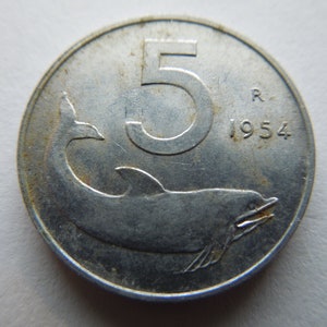 Italian Coins, 5 Lire, 1953 to 1987, Dolphin, Republic of Italy, Sell By The Piece