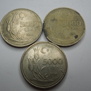 Turkey Coins, 5000 Lira to 25000 Lira, 1992 to 2000, Sell By The Piece