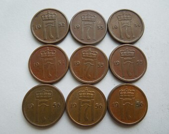 ノルウェー硬貨、1オーレ、1938年～1957年、ハーケン7世、青銅貨 - 1枚