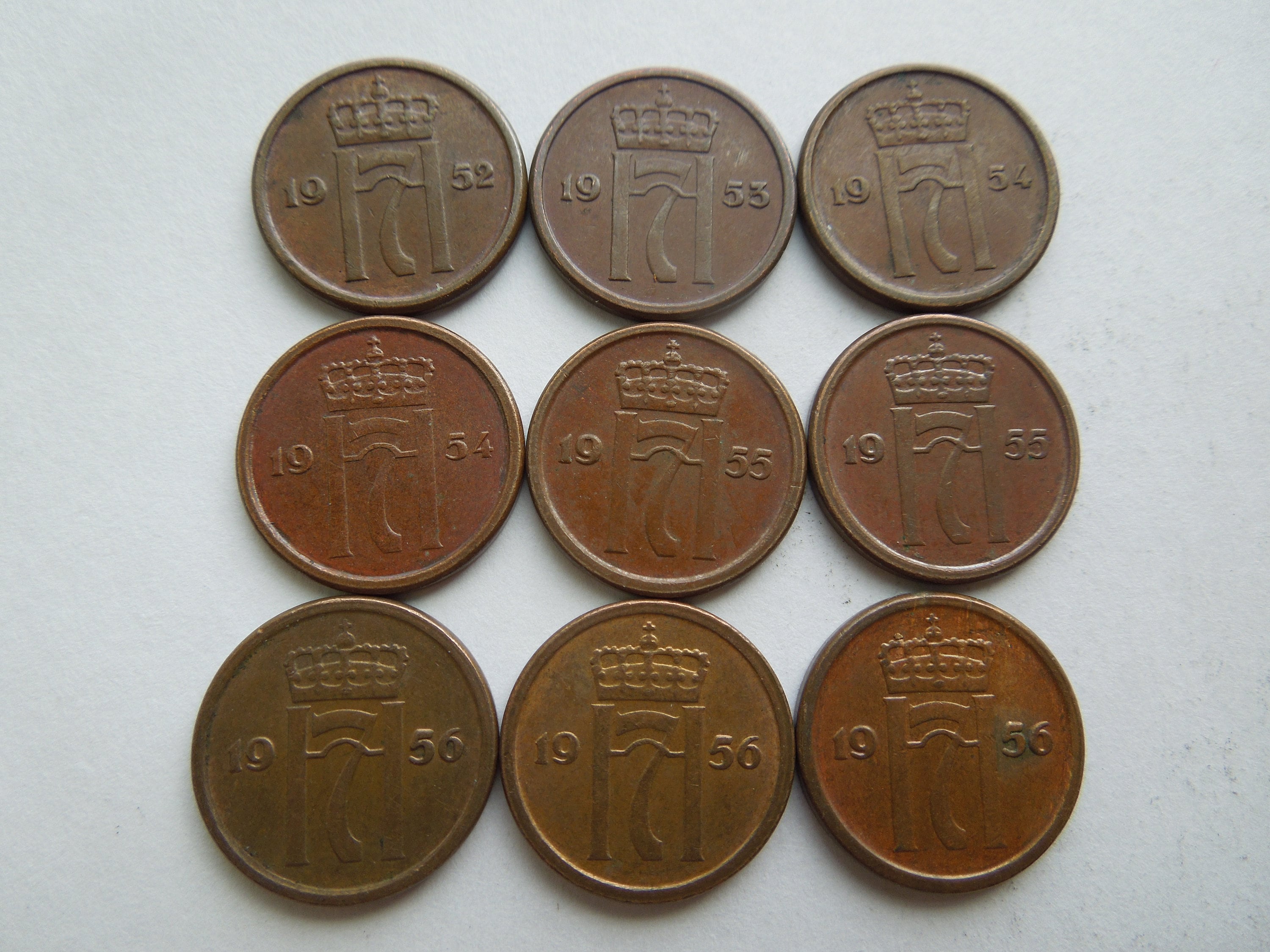 ノルウェー硬貨、1オーレ、1940年から1957年、ハーケン7世、ブロンズ製