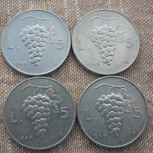 Italian Coins, 5 Lire, 1949 to 1950, Grapes - Sell By The Piece