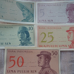 Bank Notes Set, Indonesia, 1 Sen to 50 Sen, 1964, Nice Uncirculated.