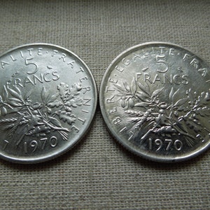 Monedas francesas de 5 francos de 1970 a 1992, incluidas las conmemorativas. Venta por unidad.