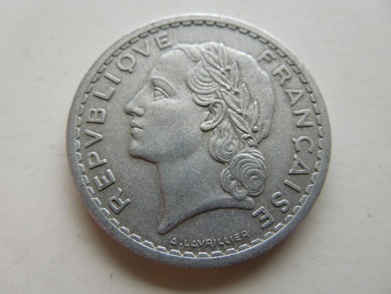 フランス硬貨、5フラン、第二次世界大戦後期、アルミニウム製、1945