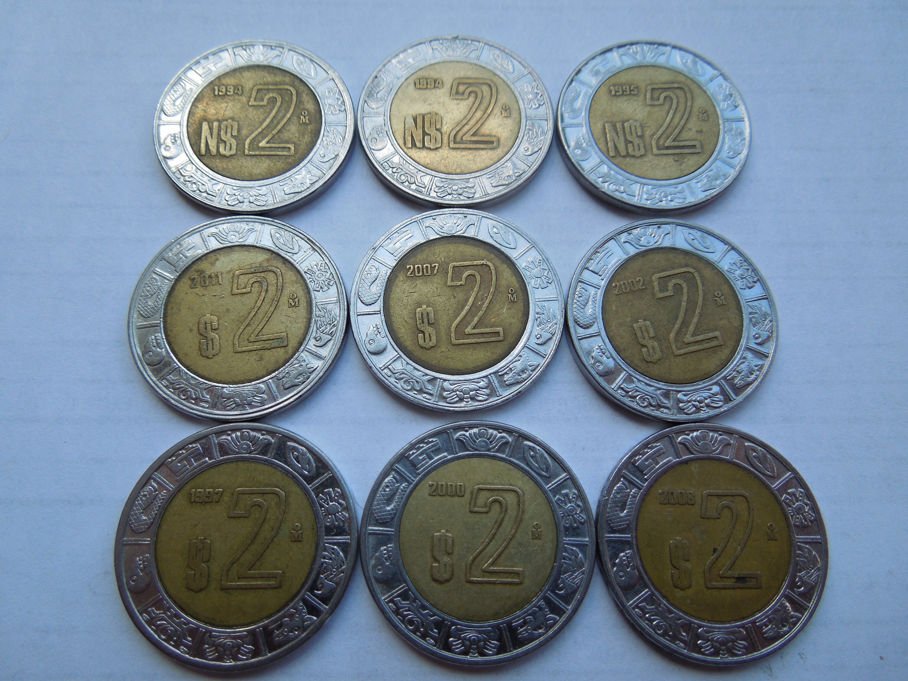メキシコ硬貨、1ヌエボペソ～10ペソ、1993年～2005年、バイメタル、枚