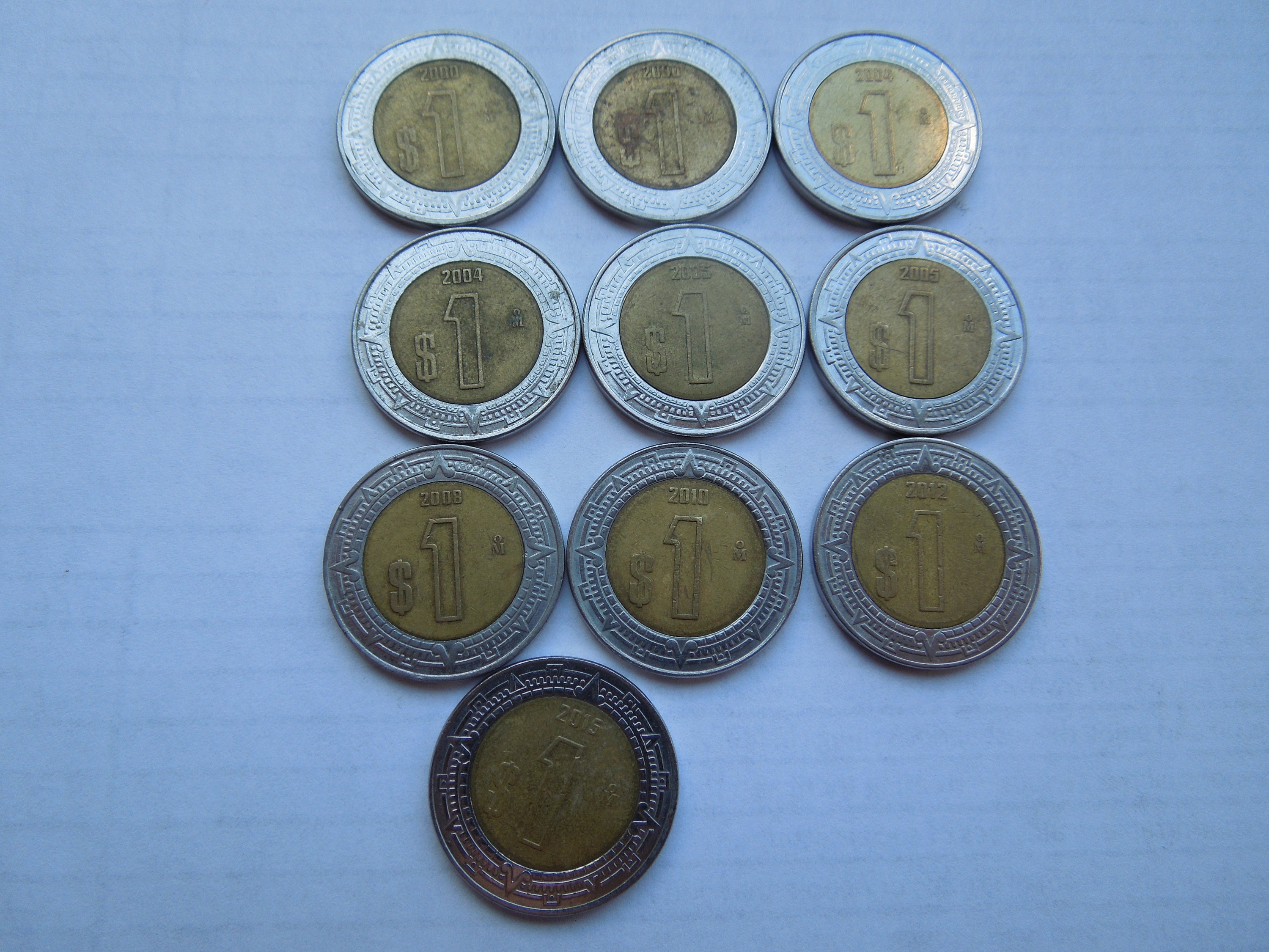 メキシコ硬貨、1ヌエボペソ～10ペソ、1993年～2005年、バイメタル、枚