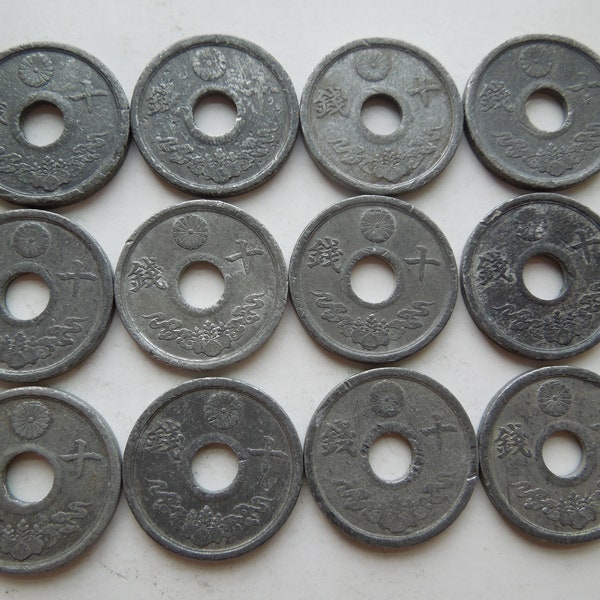 Japan Coins, 5 Sen, 1944, year 19, tin-zinc issues, World War 2, Emperor Hirohito,  Sell By The Piece