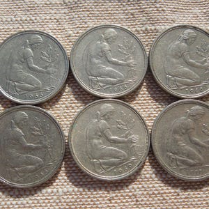 1968年 D ドイツ 50ペニヒ硬貨、西ドイツ通貨、樫の木を植える女性