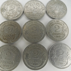 Monedas francesas de 2 francos emitidas después de la Segunda Guerra Mundial, en aluminio, de 1948 a 1959 - Venta por pieza