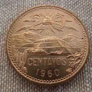 Mexico Coins, 20 Centavos, 1960 and 1967, Uncirculated Beauties, Teotihuacan, Sell By The Piece