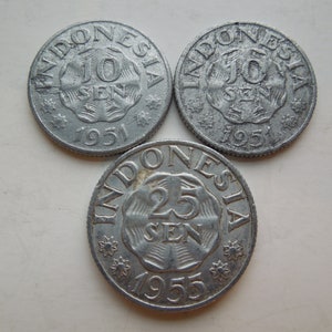 Indonesia Coins, 10 to 25 Sen, 1951 to 1955, Older Types, Sell By The Piece