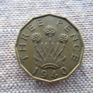 King George 6th, British 3 Pence, 1940 to 1951, Thrift Plant.  Sell By The Piece