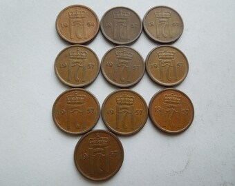 ノルウェー硬貨、1オーレ、1938年～1957年、ハーケン7世、青銅貨 - 1枚
