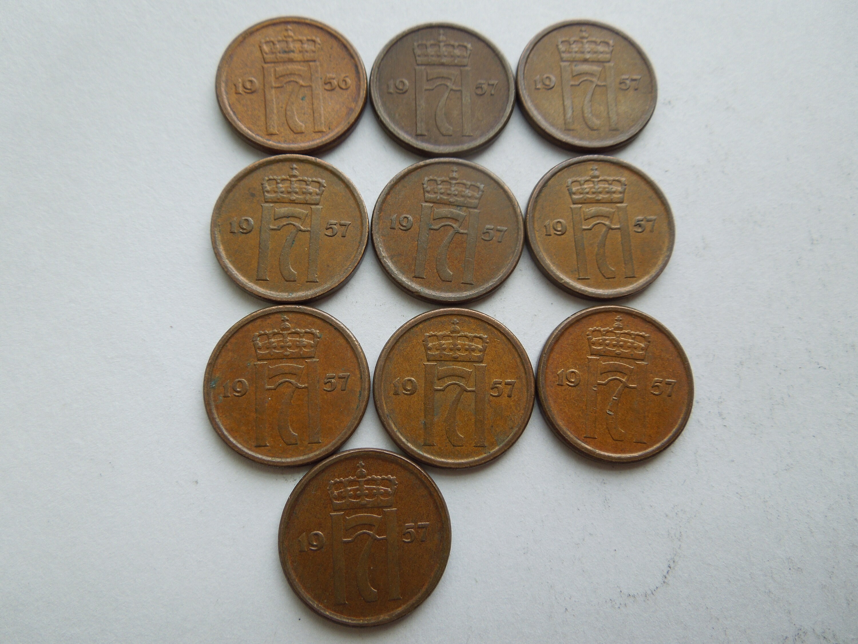 ノルウェー硬貨、1オーレ、1940年から1957年、ハーケン7世、ブロンズ製