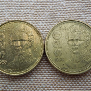 Vintage 20 Pesos Coin: Mexican Brass Collectible (1985-1989 Dates Available)