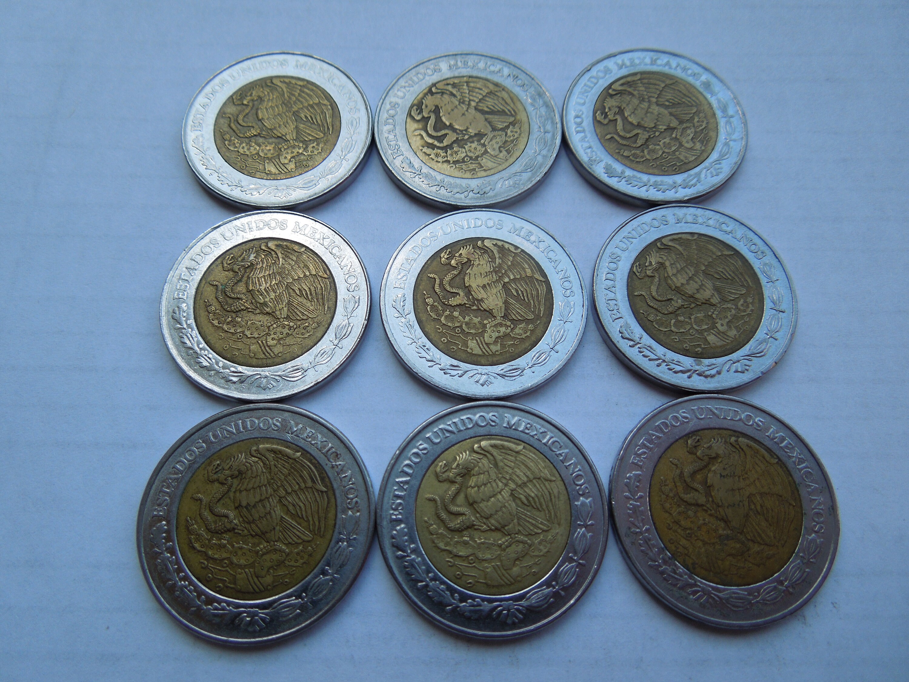 メキシコ硬貨、1ヌエボペソ～10ペソ、1993年～2005年、バイメタル、枚