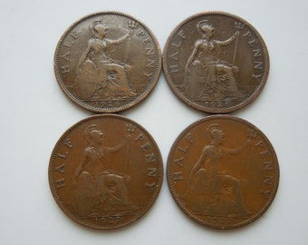 British Half Penny, Britannia Type, 1926 to 1935, King George 5th, Several Years Available.  Sell By The Piece