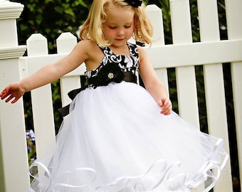 Black and white damask print dress with tulle and ribbon skirt