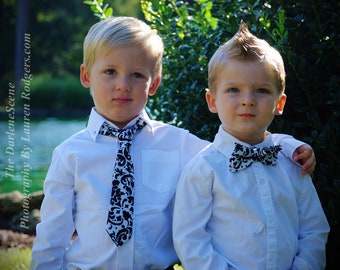 Black and white damask print neck tie for boys. Men's sizes also available.