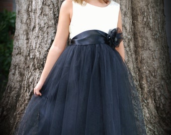 Gorgeous dress with Ivory brocade bodice and black tulle over satin skirt with lace trim on hem.