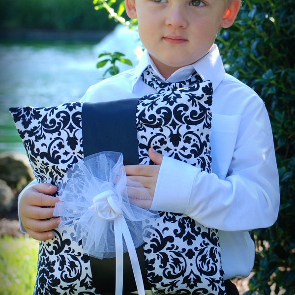 Black and white damask ring bearer pillow