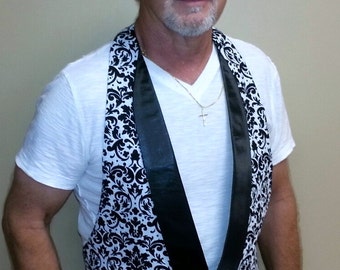 Tuxedo Vest at it's finest with variations for styling. Shown in black/white damask print with black satin lapels.