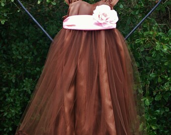 Chocolate satin dress with pink 4-inch wide satin sash and large ivory  silk rose for your anytime of year event.