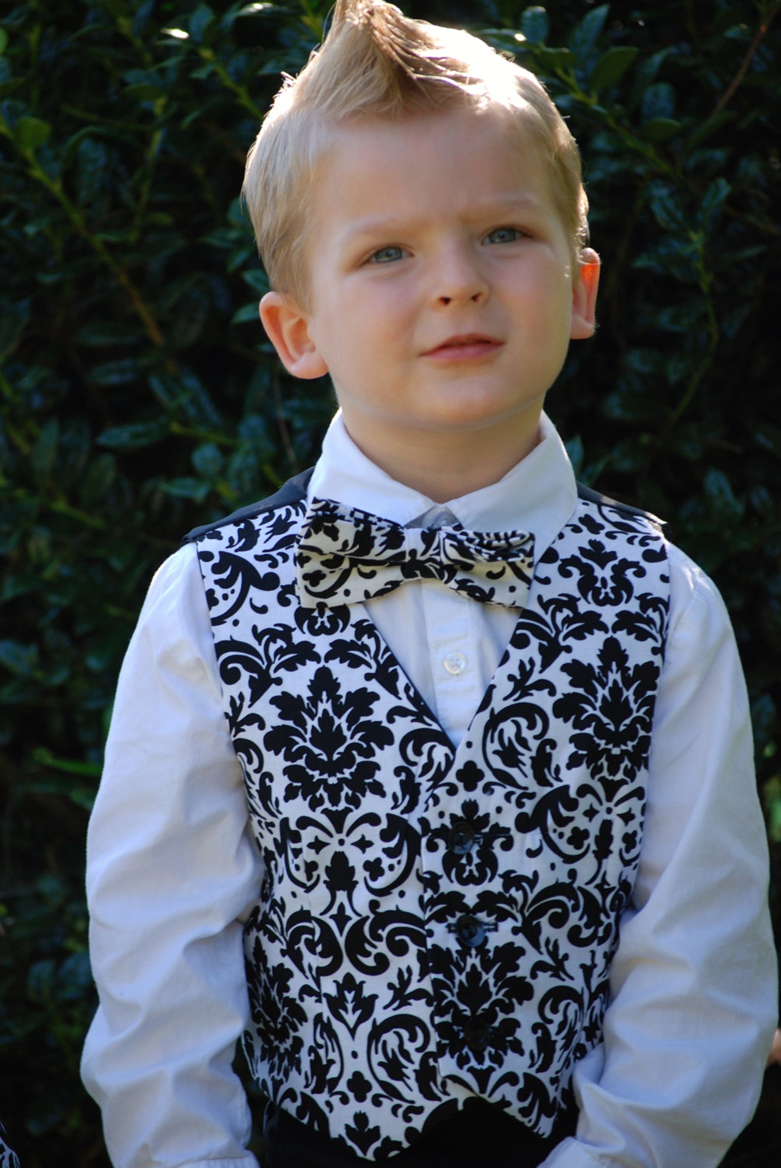 Black and White Damask Fully Lined Front and Black Satin Lined Back Vest. Order in Any Color for