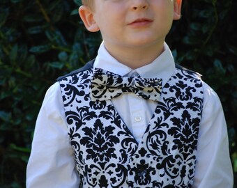 Black and white damask fully lined front and black satin lined back vest. Order in any color for boys or men.