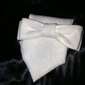 Set: Ivory brocade pre-tied or self-tied bow tie or neck tie with matching pocket square.