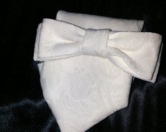 Set: Ivory brocade pre-tied or self-tied bow tie or neck tie with matching pocket square.
