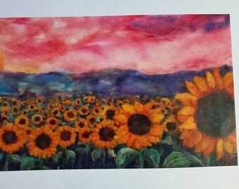 sunflower print of felt painting, sunset, home decor 11x14"