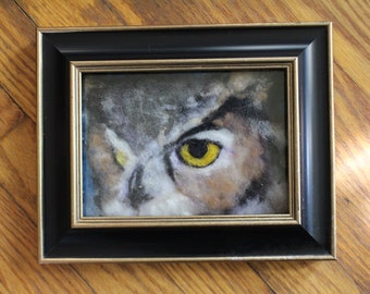 horned owl needle felt painting 5x7" with frame