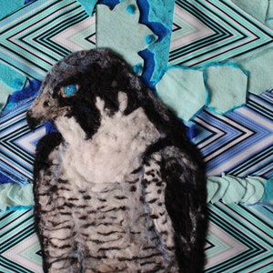 Peregrine falcon , birds of prey series mix media fiber fabric painting , needle felt 17x22inches with wood frame image 1