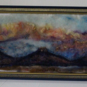 New Mexico sunset needle felt painting 6x16 with 9x18 Italian wood frame image 1