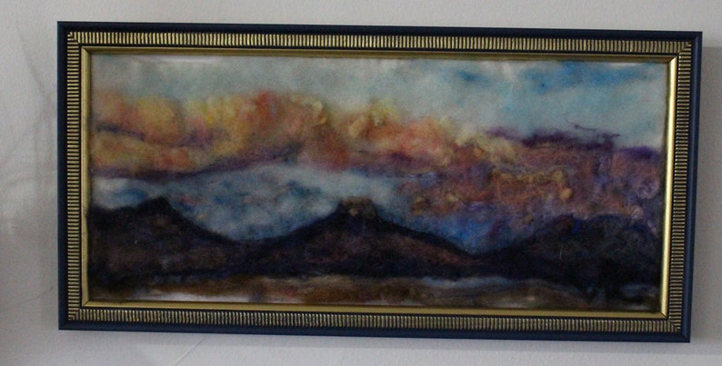 New Mexico sunset needle felt painting 6x16 with 9x18 Italian wood frame image 1