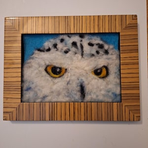 snow owl, snowy owl 8x7in with frame needle felt painting, owl art, home decor wall art