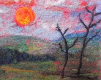 red sun meditation art print, poster of needle felt painting  , home decor 11x14in with white matt