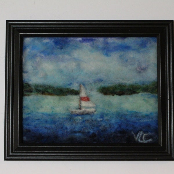 sailing tropical paradise  needle felt painting, print 12x10in