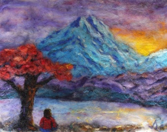 women meditation blue mountain trail country landscape needle felt painting 16x20"" home decor original art no frame